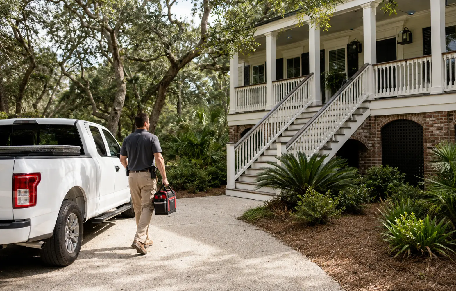 Camión de Proterm Pest Control en una casa del Lowcountry