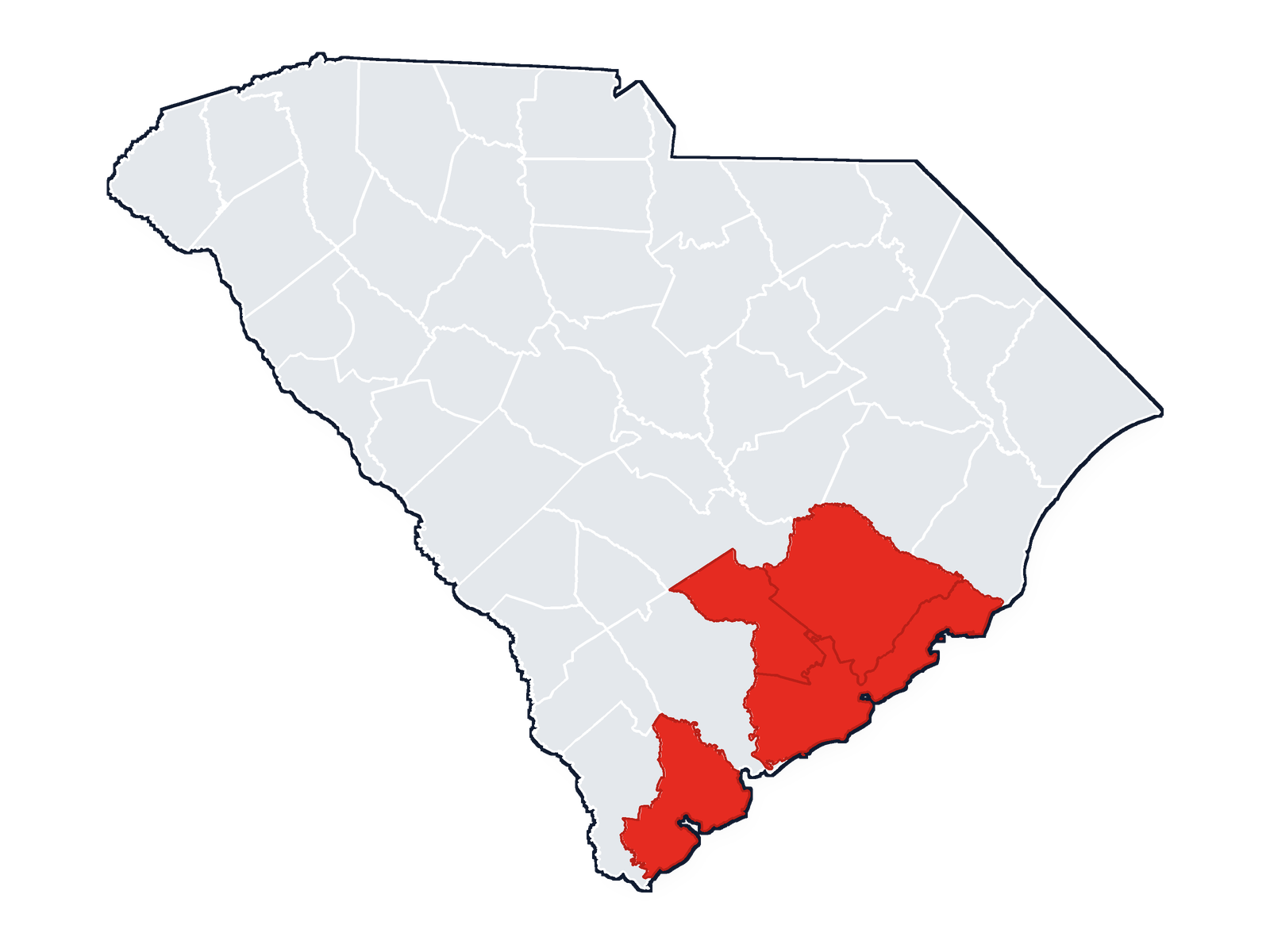 Mapa de Carolina del Sur con los condados de Charleston, Berkeley, Dorchester y Beaufort resaltados en rojo — el área de servicio de Proterm
